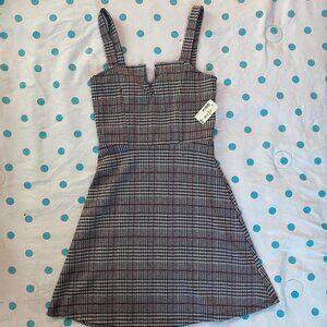 Plaid Houndstooth V-Wire Fit & Flare Pinafore Dress